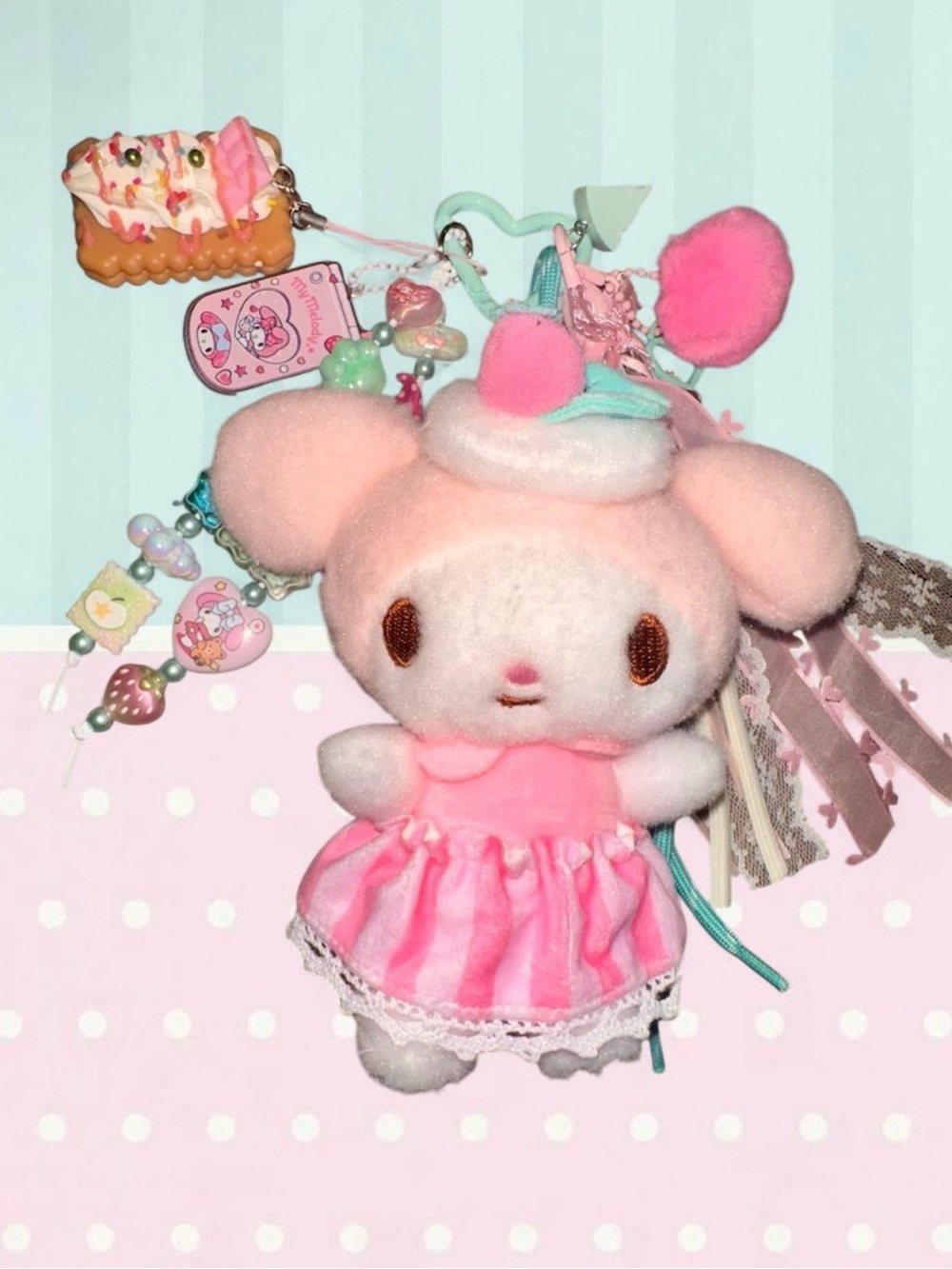 Handmade Sanrio Pink My Melody Plush Keychain with Dress and Charms